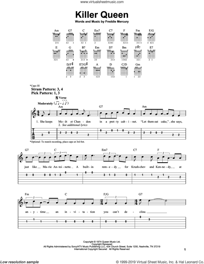 Killer Queen sheet music for guitar solo (easy tablature) by Queen and Freddie Mercury, easy guitar (easy tablature)