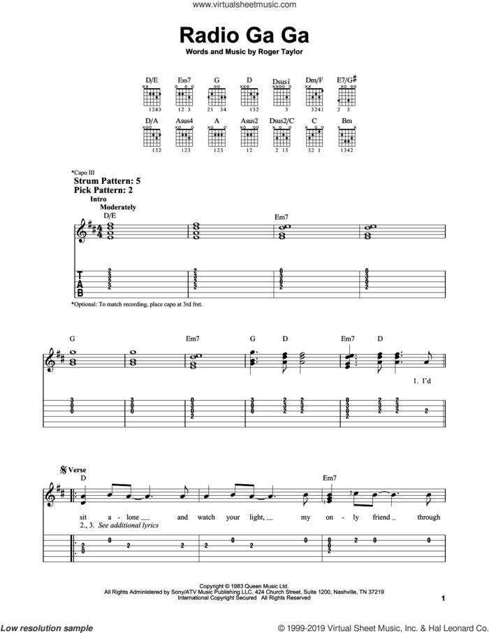 Radio Ga Ga sheet music for guitar solo (easy tablature) by Queen and Roger Taylor, easy guitar (easy tablature)