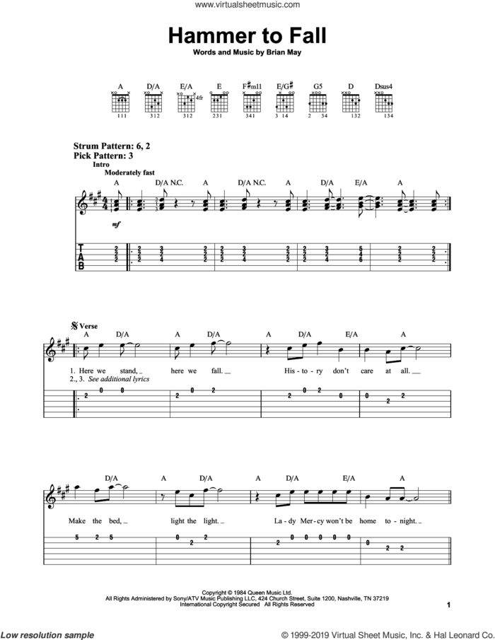 Hammer To Fall sheet music for guitar solo (easy tablature) by Queen and Brian May, easy guitar (easy tablature)