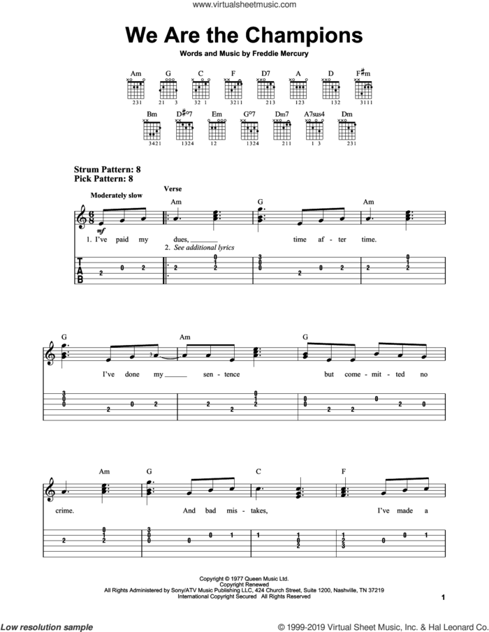 We Are The Champions sheet music for guitar solo (easy tablature) by Queen and Freddie Mercury, easy guitar (easy tablature)