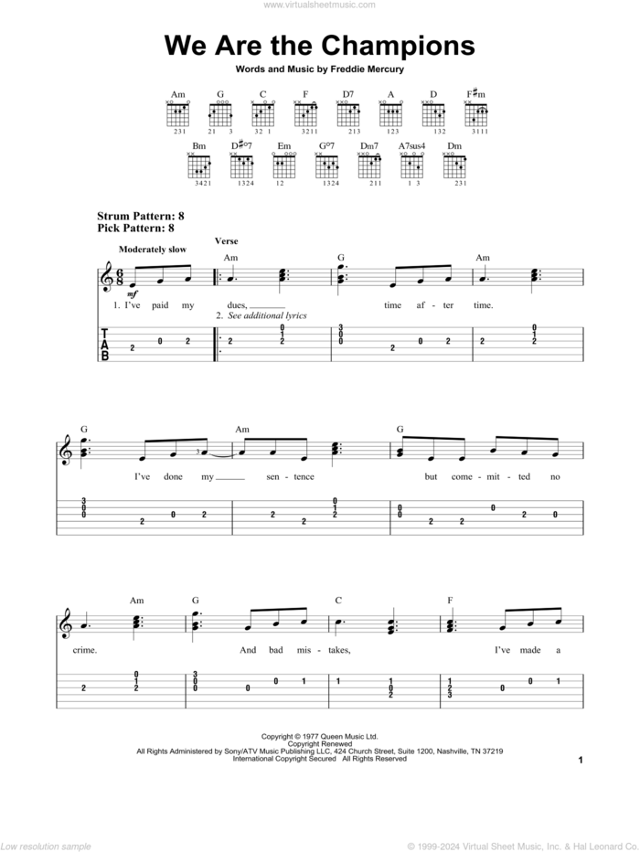 We Are The Champions sheet music for guitar solo (easy tablature) by Queen and Freddie Mercury, easy guitar (easy tablature)