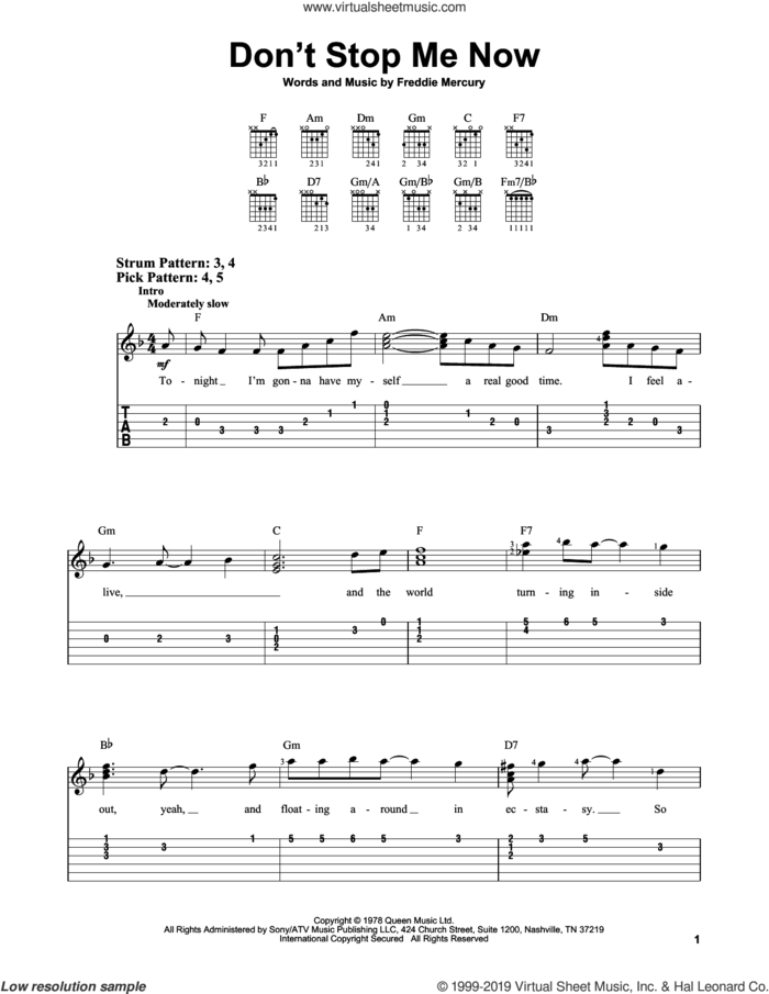Don't Stop Me Now sheet music for guitar solo (easy tablature) by Queen and Freddie Mercury, easy guitar (easy tablature)