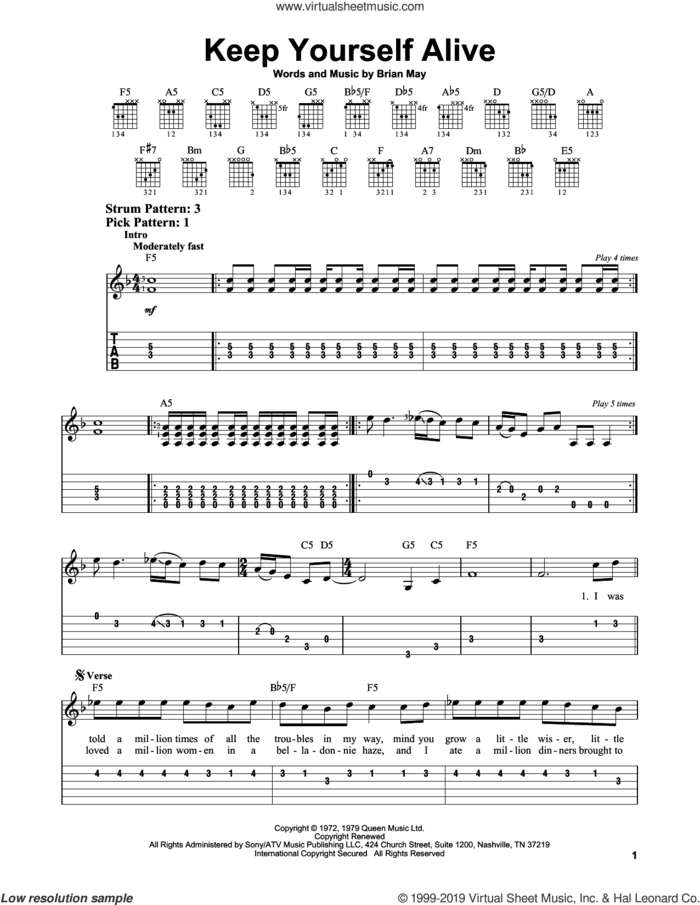 Keep Yourself Alive sheet music for guitar solo (easy tablature) by Queen and Brian May, easy guitar (easy tablature)