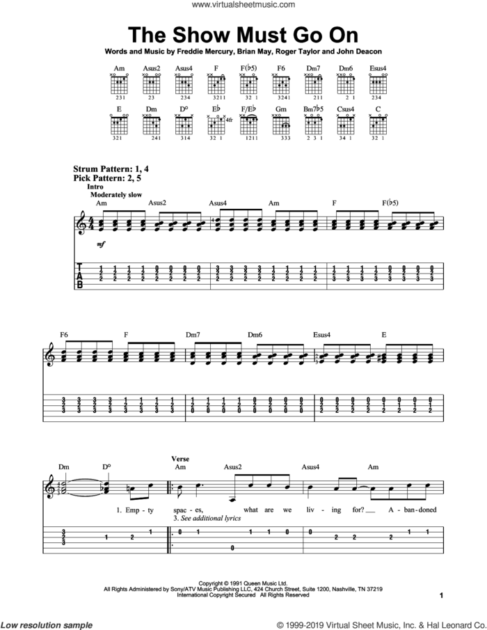 The Show Must Go On sheet music for guitar solo (easy tablature) by Queen, Brian May, Freddie Mercury, John Deacon and Roger Taylor, easy guitar (easy tablature)
