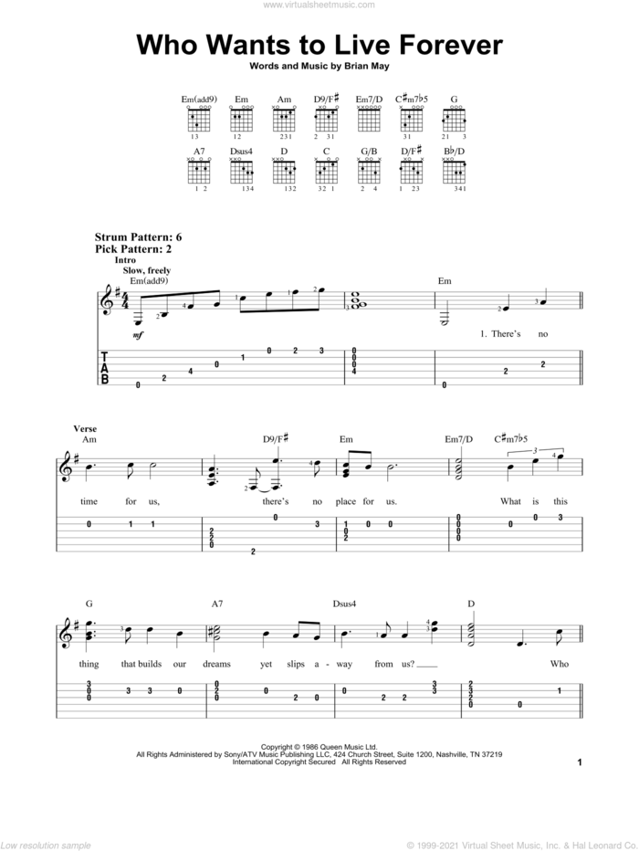Who Wants To Live Forever sheet music for guitar solo (easy tablature) by Queen and Brian May, easy guitar (easy tablature)