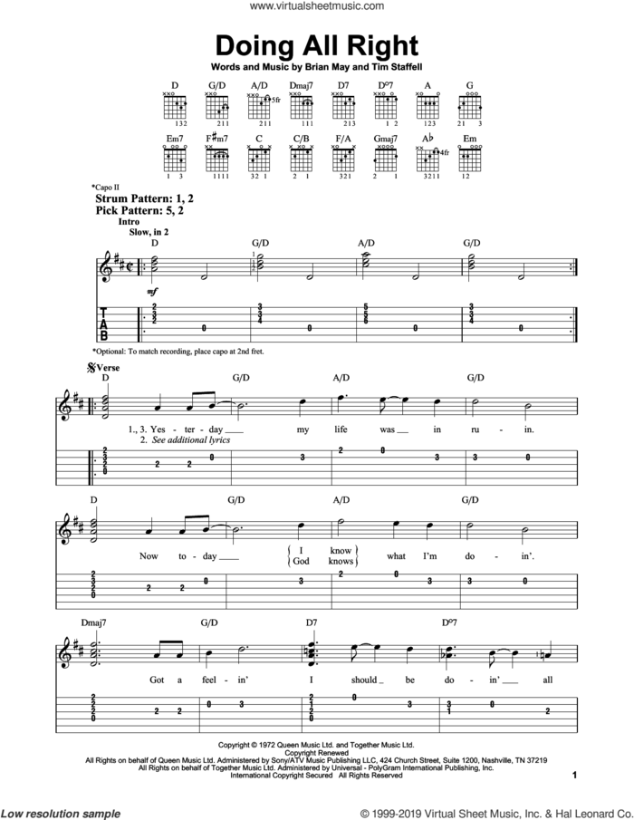 Doing All Right sheet music for guitar solo (easy tablature) by Queen, Brian May and Tim Staffell, easy guitar (easy tablature)