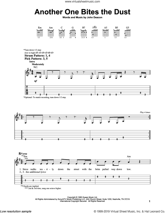 Another One Bites The Dust sheet music for guitar solo (easy tablature) by Queen and John Deacon, easy guitar (easy tablature)