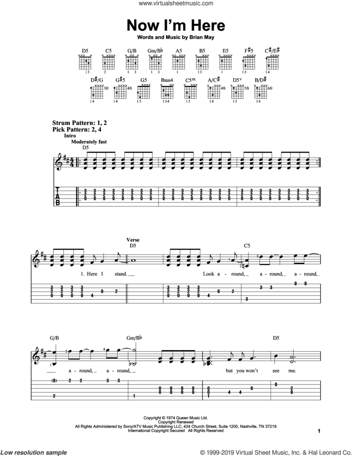 Now I'm Here sheet music for guitar solo (easy tablature) by Queen and Brian May, easy guitar (easy tablature)