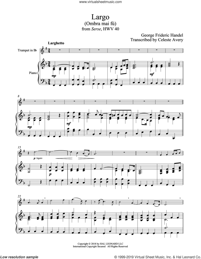 Ombra Mai Fu sheet music for trumpet and piano by George Frideric Handel, classical score, intermediate skill level