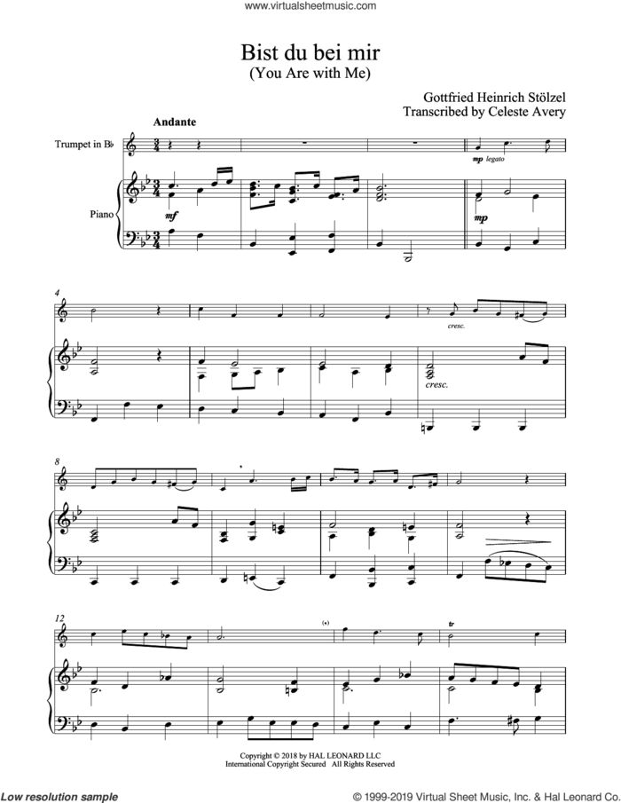 Bist du bei mir (You Are With Me) sheet music for trumpet and piano by Johann Sebastian Bach, classical wedding score, intermediate skill level