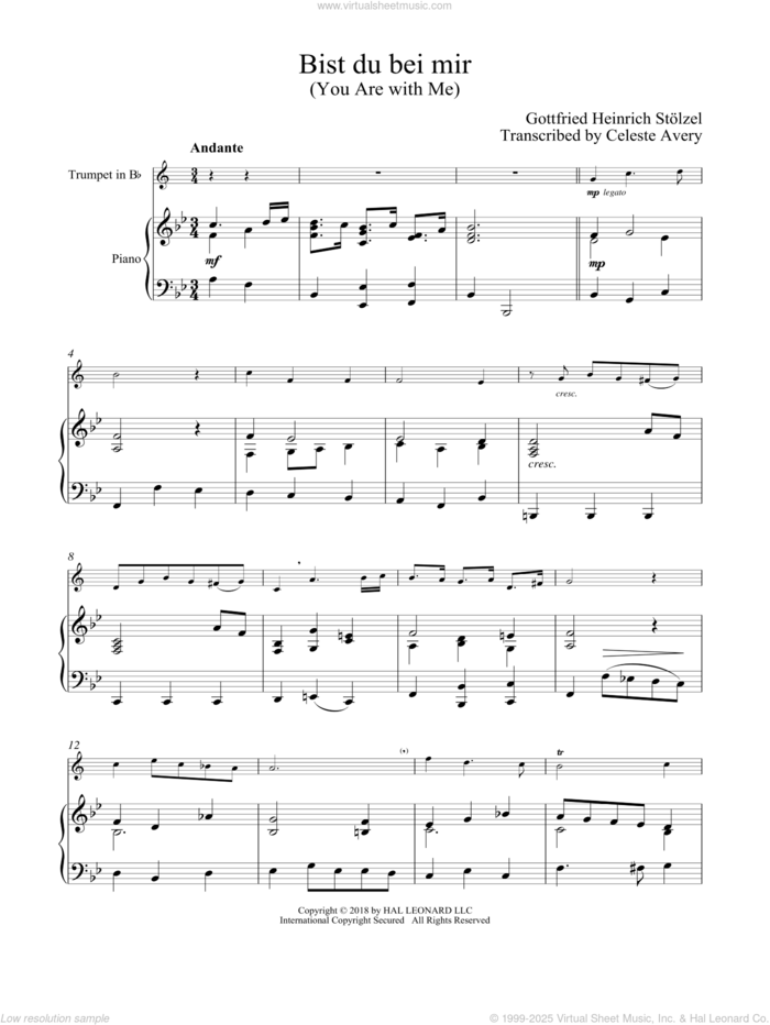 Bist du bei mir (You Are With Me) sheet music for trumpet and piano by Johann Sebastian Bach, classical wedding score, intermediate skill level