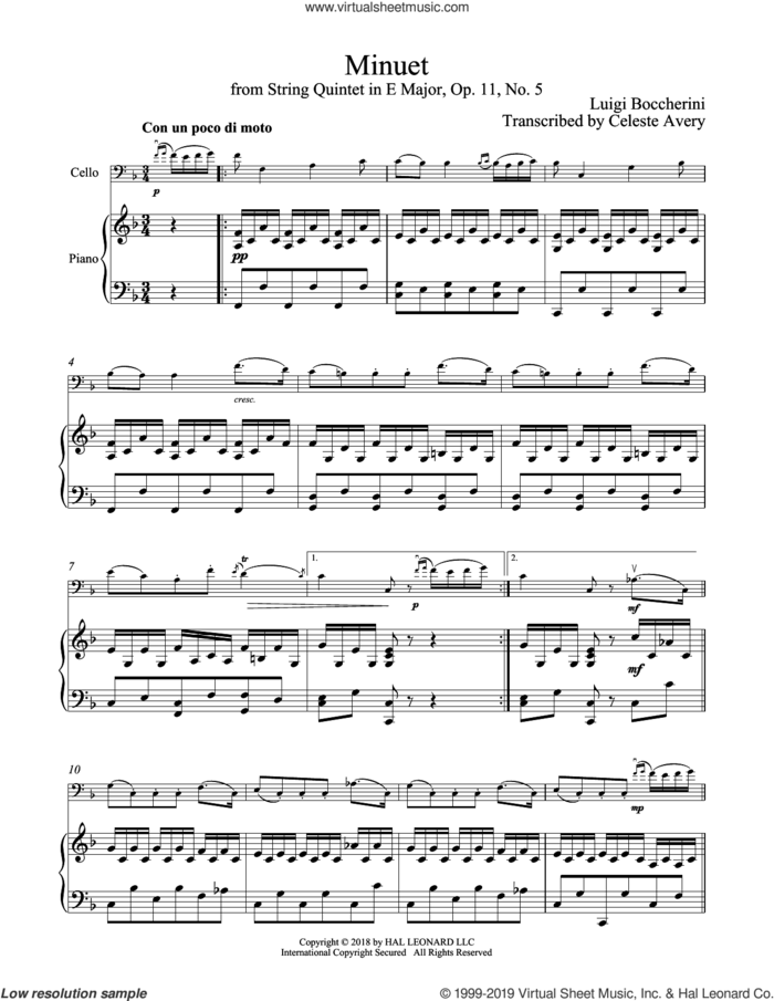 Minuet sheet music for cello and piano by Luigi Boccherini, classical wedding score, intermediate skill level