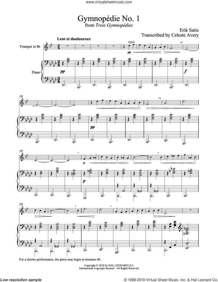 Gymnopedie No. 1 sheet music for trumpet and piano by Erik Satie, classical score, intermediate skill level