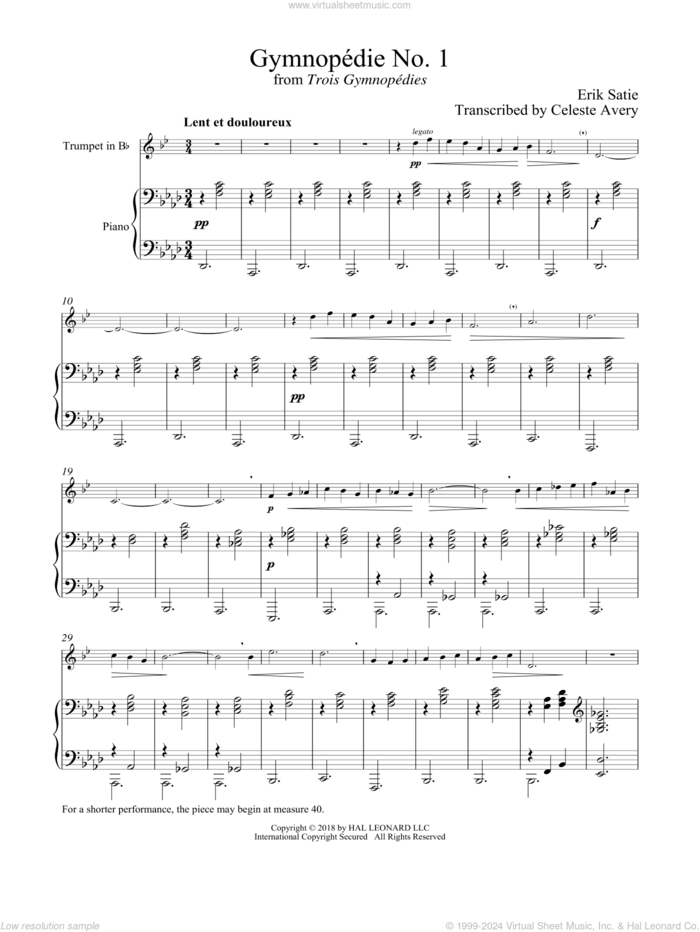 Gymnopedie No. 1 sheet music for trumpet and piano by Erik Satie, classical wedding score, intermediate skill level