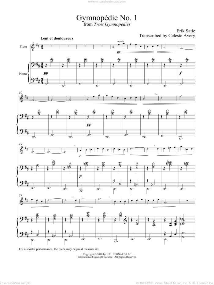 Gymnopedie No. 1 sheet music for flute and piano by Erik Satie, classical score, intermediate skill level