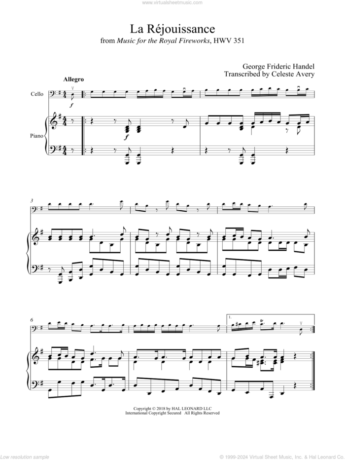 La Rejouissance sheet music for cello and piano by George Frideric Handel, classical wedding score, intermediate skill level
