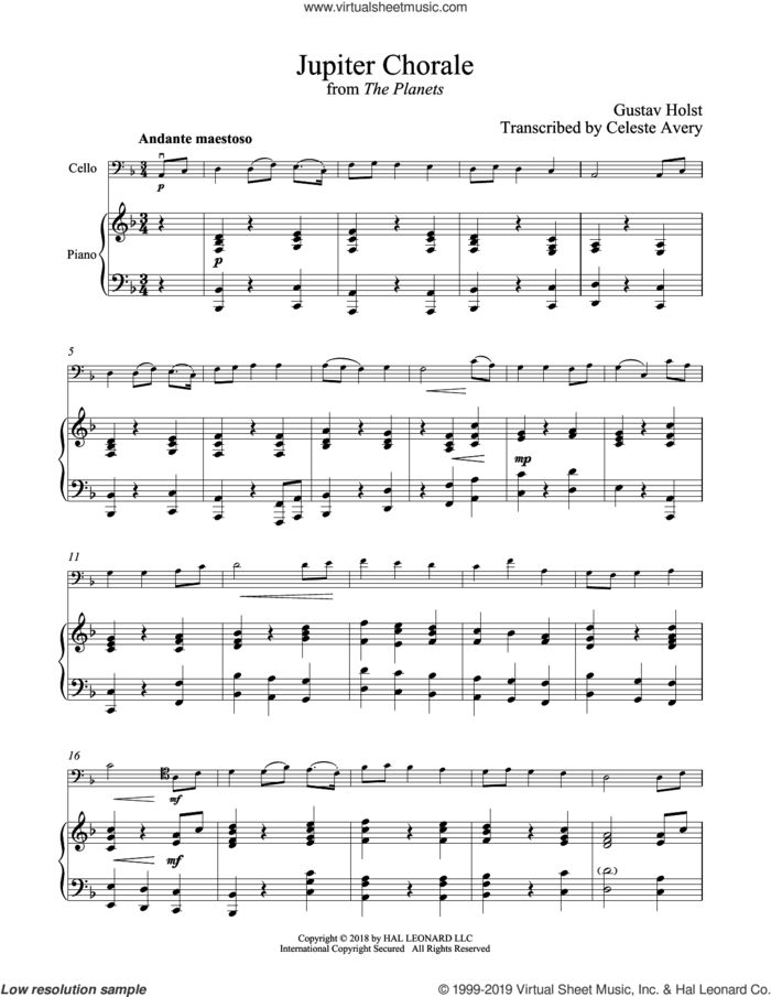 Jupiter sheet music for cello and piano by Gustav Holst, classical wedding score, intermediate skill level