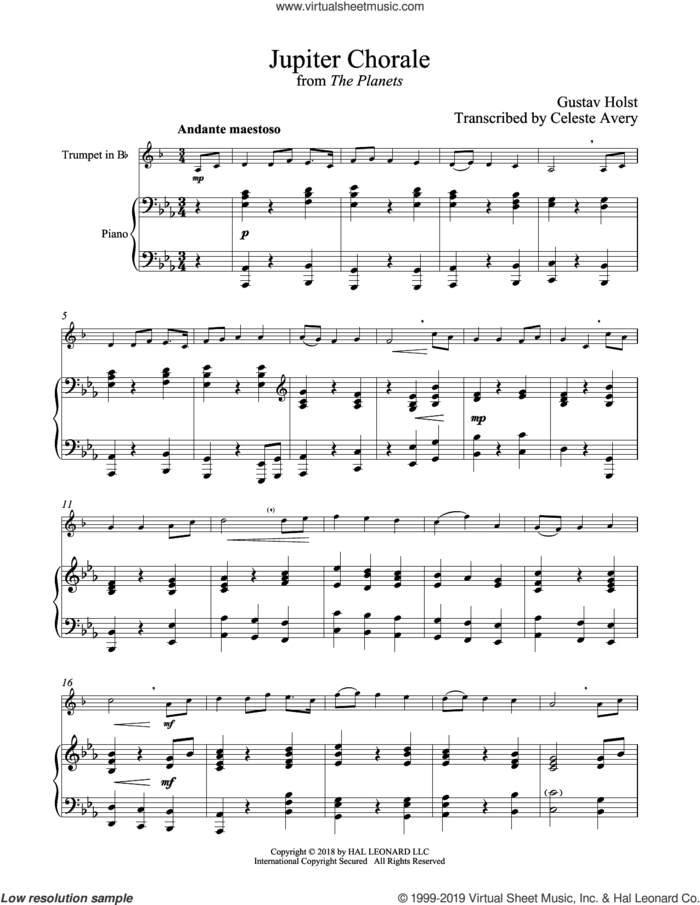 Jupiter sheet music for trumpet and piano by Gustav Holst, classical wedding score, intermediate skill level
