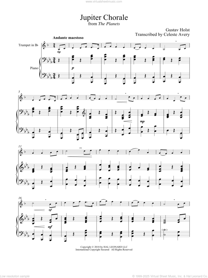 Jupiter sheet music for trumpet and piano by Gustav Holst, classical wedding score, intermediate skill level