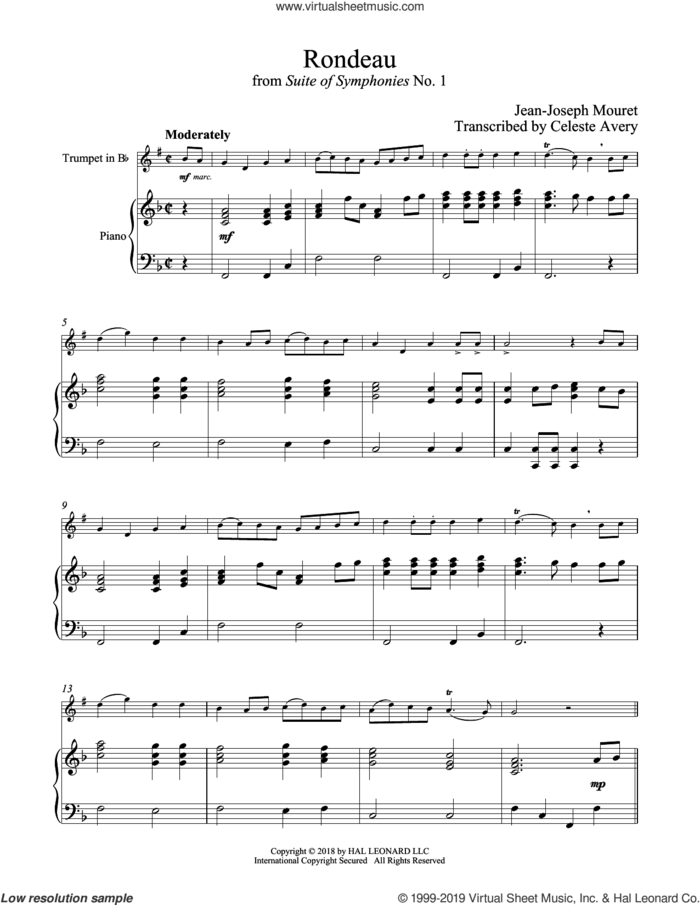 Fanfare Rondeau sheet music for trumpet and piano by Jean-Joseph Mouret, classical wedding score, intermediate skill level
