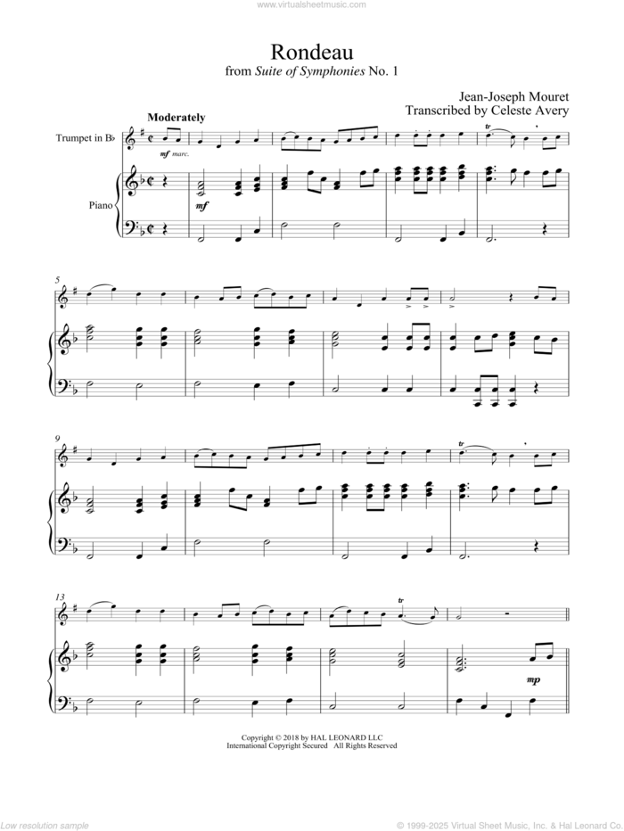 Fanfare Rondeau sheet music for trumpet and piano by Jean-Joseph Mouret, classical wedding score, intermediate skill level