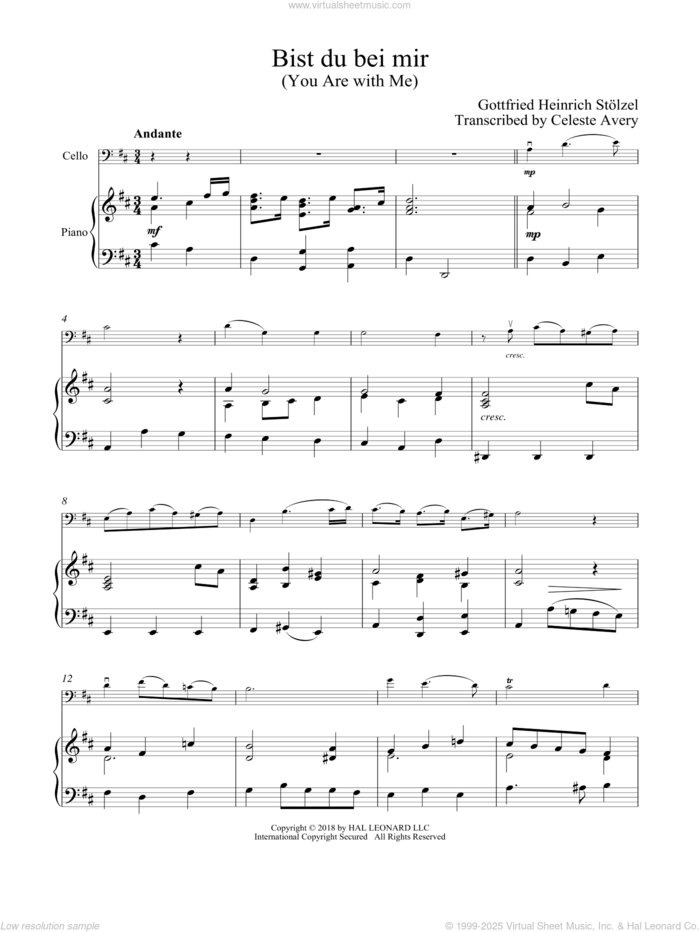 Bist du bei mir (You Are With Me) sheet music for cello and piano by Johann Sebastian Bach, classical wedding score, intermediate skill level