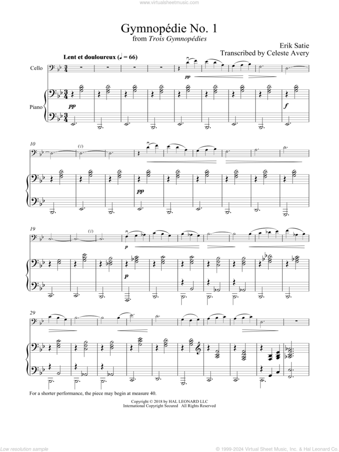 Gymnopedie No. 1 sheet music for cello and piano by Erik Satie, classical wedding score, intermediate skill level