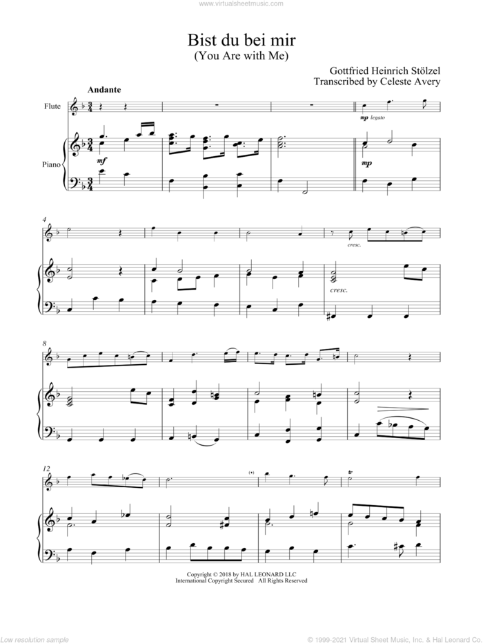 Bist du bei mir (You Are With Me) sheet music for flute and piano by Johann Sebastian Bach, classical wedding score, intermediate skill level