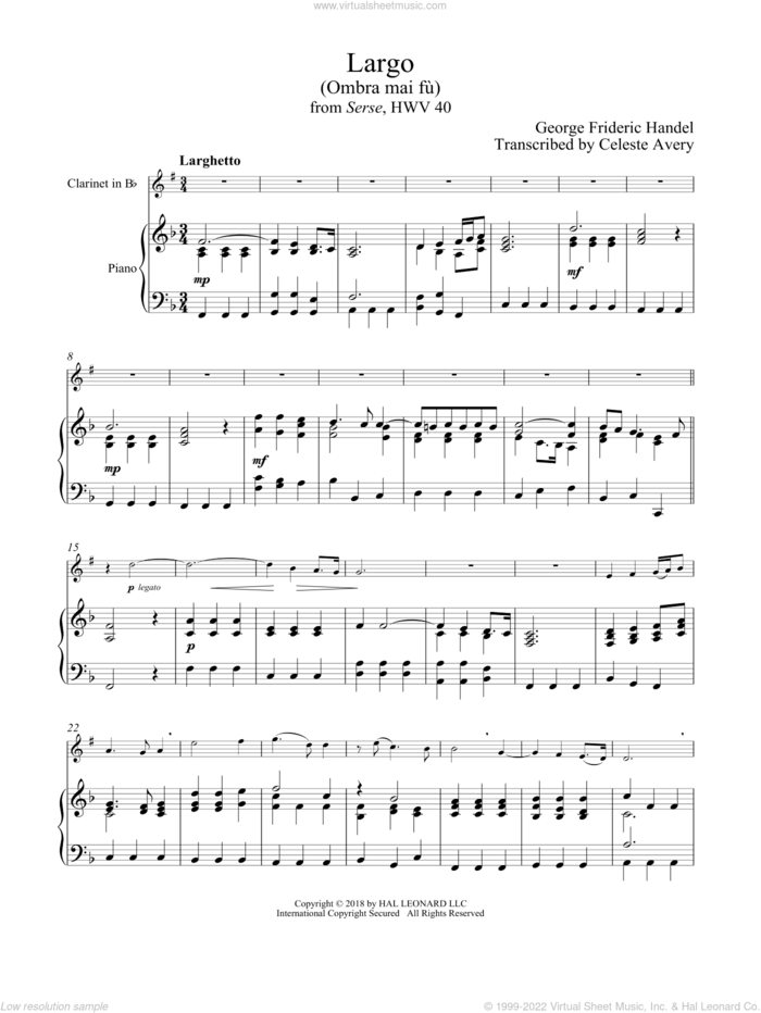 Ombra Mai Fu sheet music for clarinet and piano by George Frideric Handel, classical score, intermediate skill level