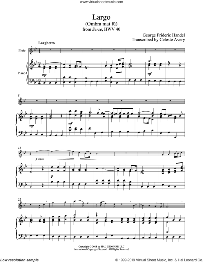 Ombra Mai Fu sheet music for flute and piano by George Frideric Handel, classical score, intermediate skill level