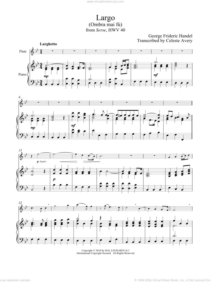 Ombra Mai Fu sheet music for flute and piano by George Frideric Handel, classical score, intermediate skill level