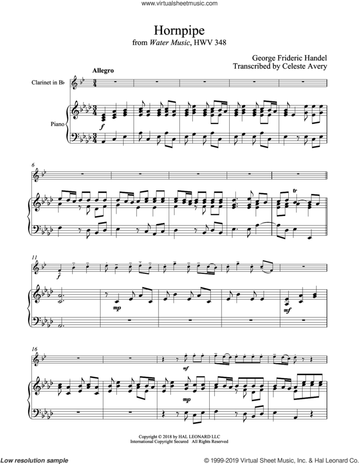 Hornpipe sheet music for clarinet and piano by George Frideric Handel, classical wedding score, intermediate skill level