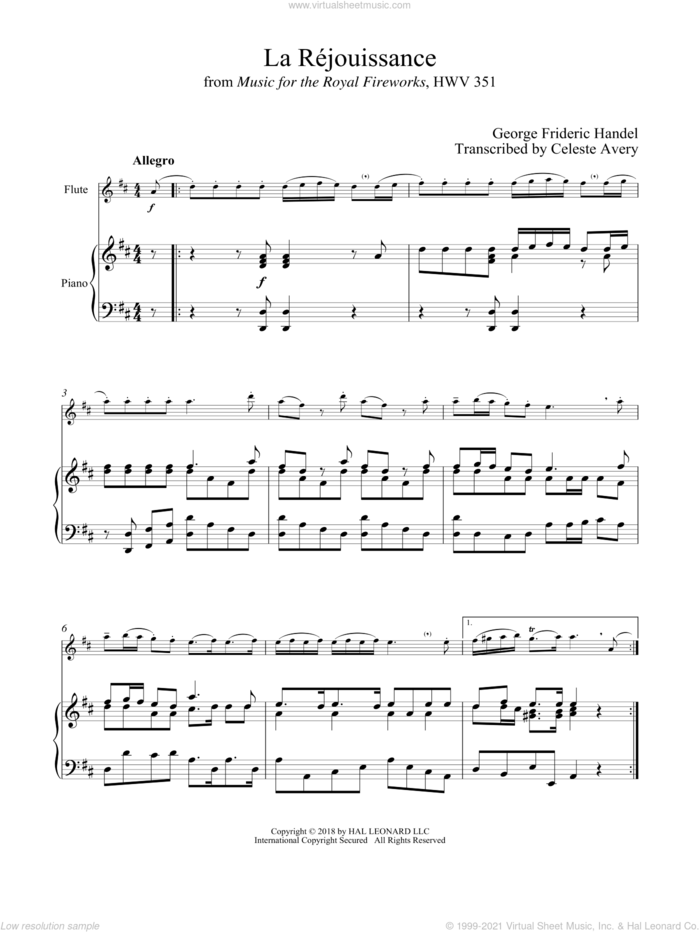 La Rejouissance sheet music for flute and piano by George Frideric Handel, classical score, intermediate skill level
