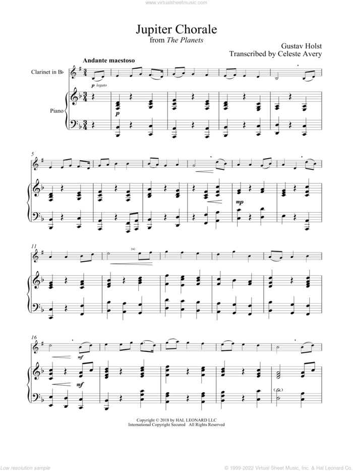 Jupiter sheet music for clarinet and piano by Gustav Holst, classical wedding score, intermediate skill level
