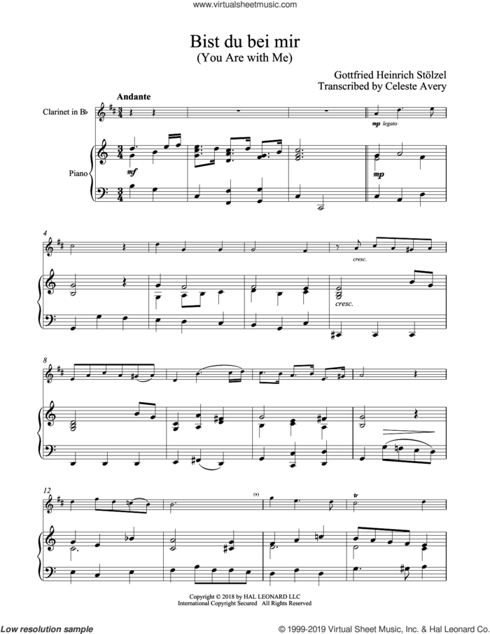 Bist du bei mir (You Are With Me) sheet music for clarinet and piano by Johann Sebastian Bach, classical wedding score, intermediate skill level