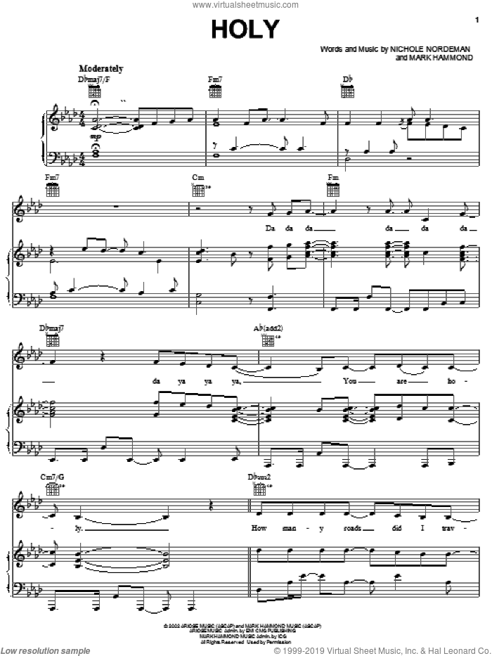 Holy sheet music for voice, piano or guitar by Nichole Nordeman and Mark Hammond, intermediate skill level