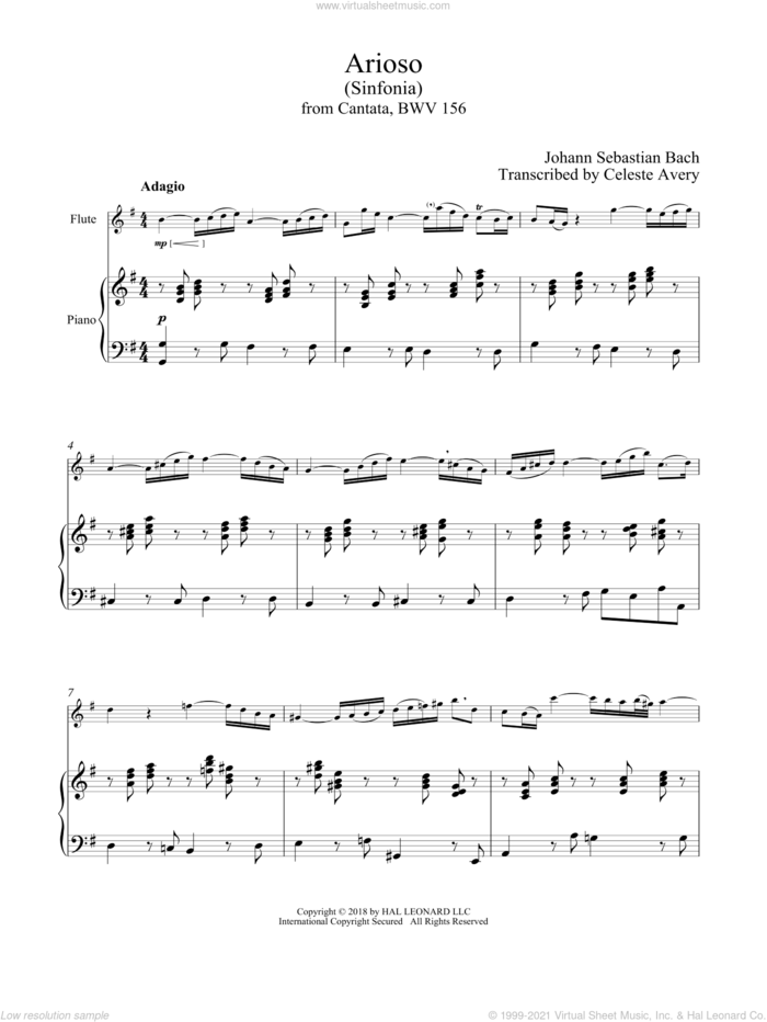 Arioso sheet music for flute and piano by Johann Sebastian Bach, classical wedding score, intermediate skill level