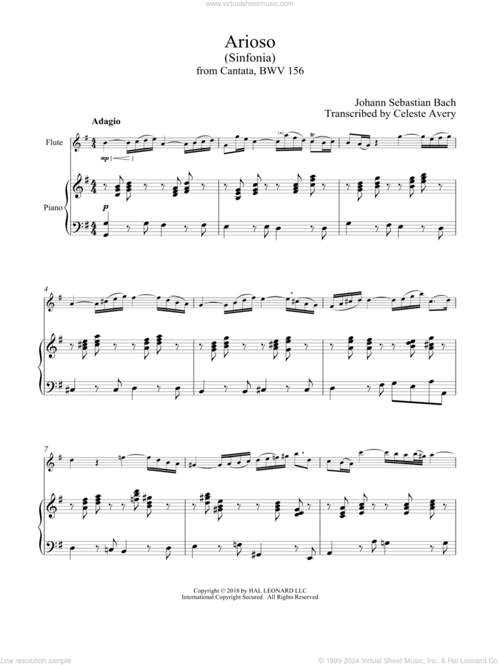 Arioso sheet music for flute and piano by Johann Sebastian Bach, classical wedding score, intermediate skill level