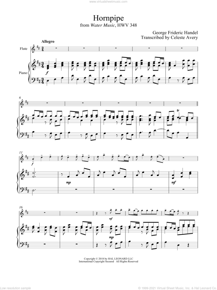 Hornpipe sheet music for flute and piano by George Frideric Handel, classical wedding score, intermediate skill level