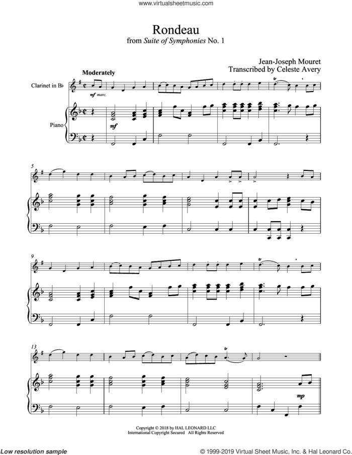 Fanfare Rondeau sheet music for clarinet and piano by Jean-Joseph Mouret, classical wedding score, intermediate skill level