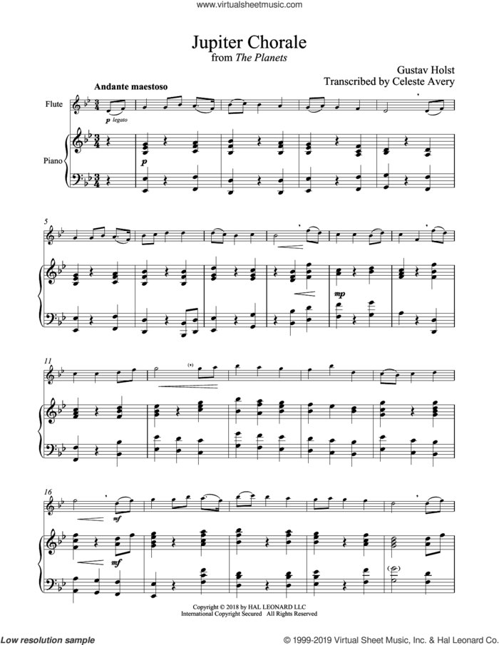 Jupiter sheet music for flute and piano by Gustav Holst, classical wedding score, intermediate skill level