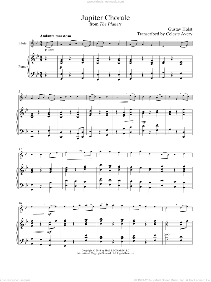 Jupiter sheet music for flute and piano by Gustav Holst, classical wedding score, intermediate skill level