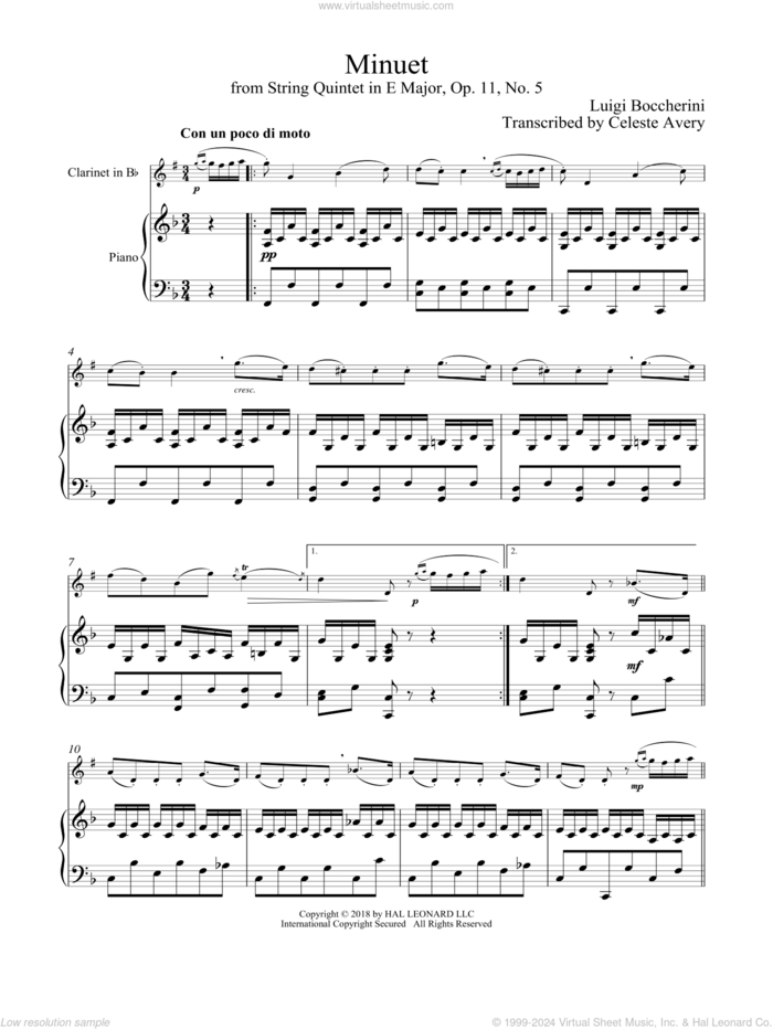 Minuet sheet music for clarinet and piano by Luigi Boccherini, classical wedding score, intermediate skill level