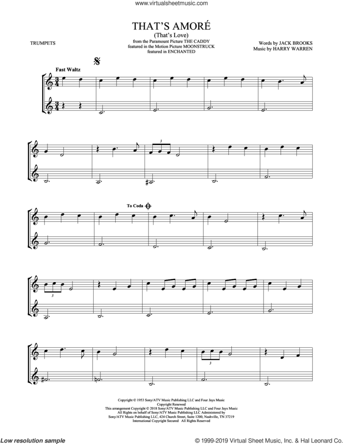 That's Amore (That's Love) sheet music for two trumpets (duet, duets) by Dean Martin, Harry Warren and Jack Brooks, intermediate skill level