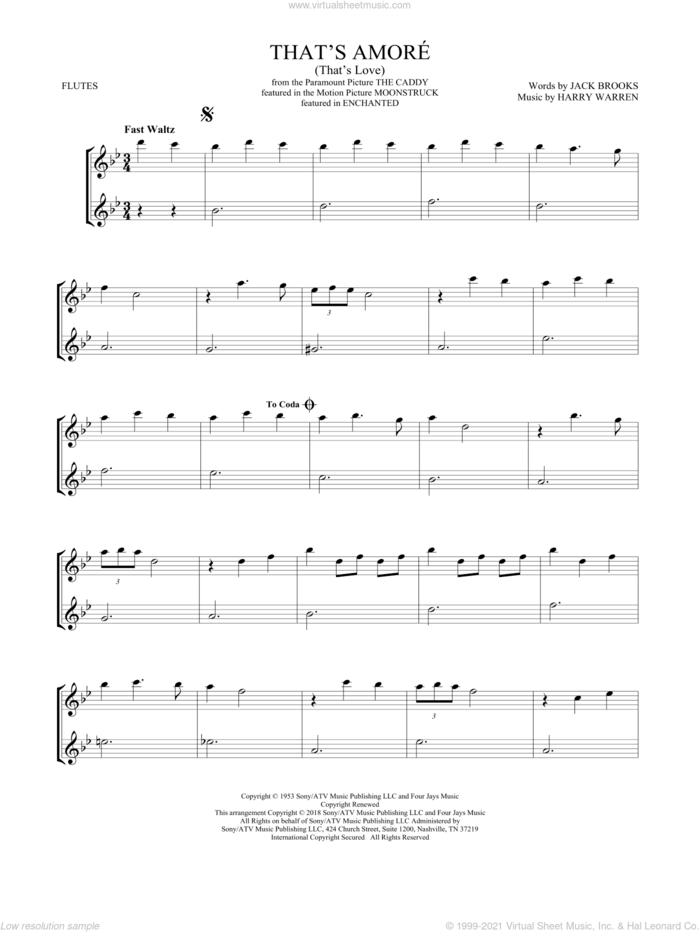 That's Amore (That's Love) sheet music for two flutes (duets) by Dean Martin, Harry Warren and Jack Brooks, intermediate skill level