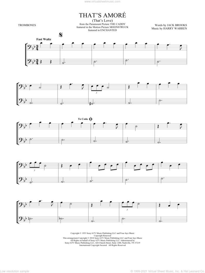 That's Amore (That's Love) sheet music for two trombones (duet, duets) by Dean Martin and Jack Brooks, intermediate skill level
