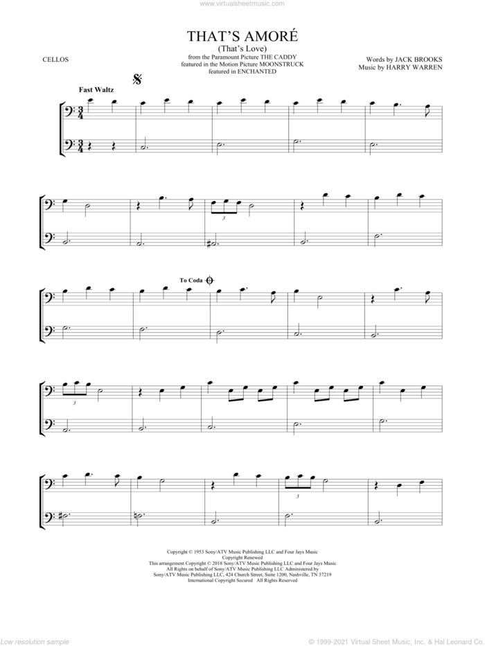 That's Amore (That's Love) sheet music for two cellos (duet, duets) by Dean Martin, Harry Warren and Jack Brooks, intermediate skill level