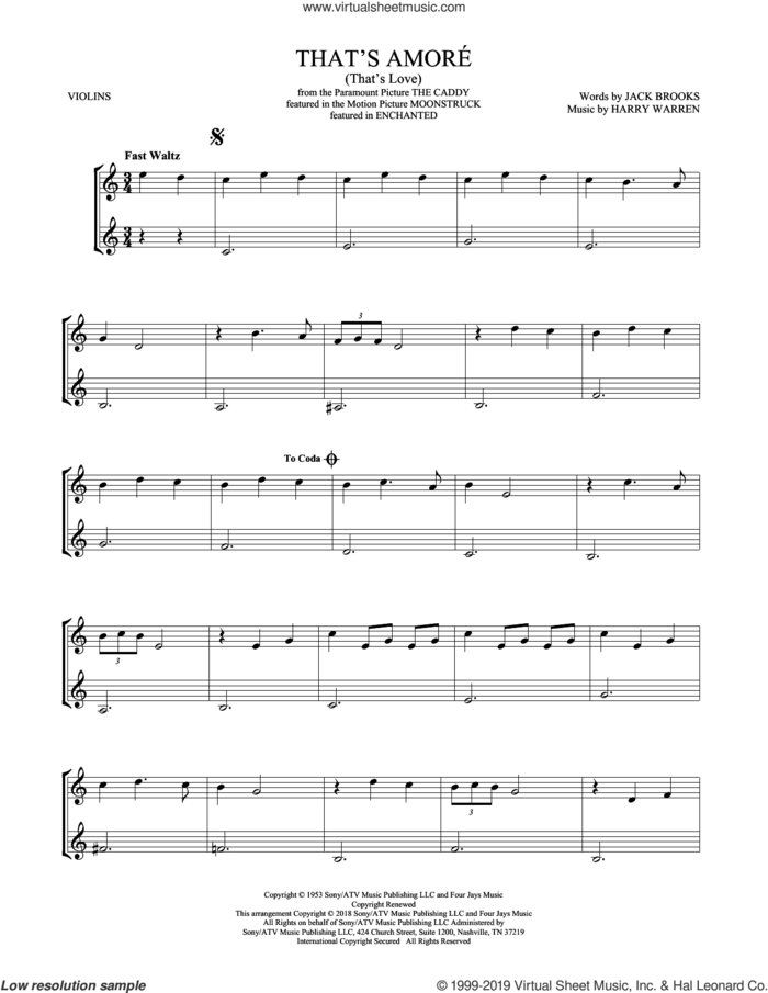That's Amore (That's Love) sheet music for two violins (duets, violin duets) by Dean Martin, Harry Warren and Jack Brooks, intermediate skill level