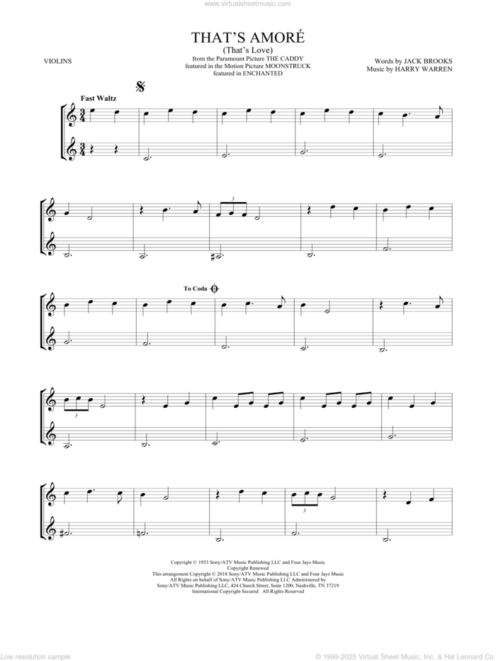 That's Amore (That's Love) sheet music for two violins (duets, violin duets) by Dean Martin, Harry Warren and Jack Brooks, intermediate skill level