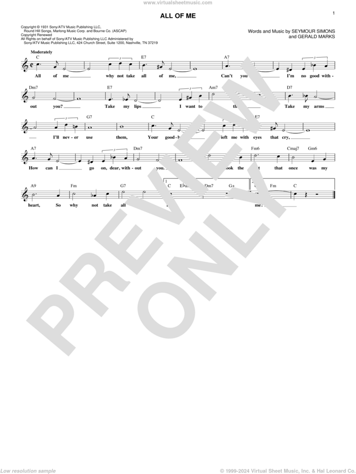 All Of Me sheet music for voice and other instruments (fake book) by Seymour Simons and Gerald Marks, wedding score, intermediate skill level